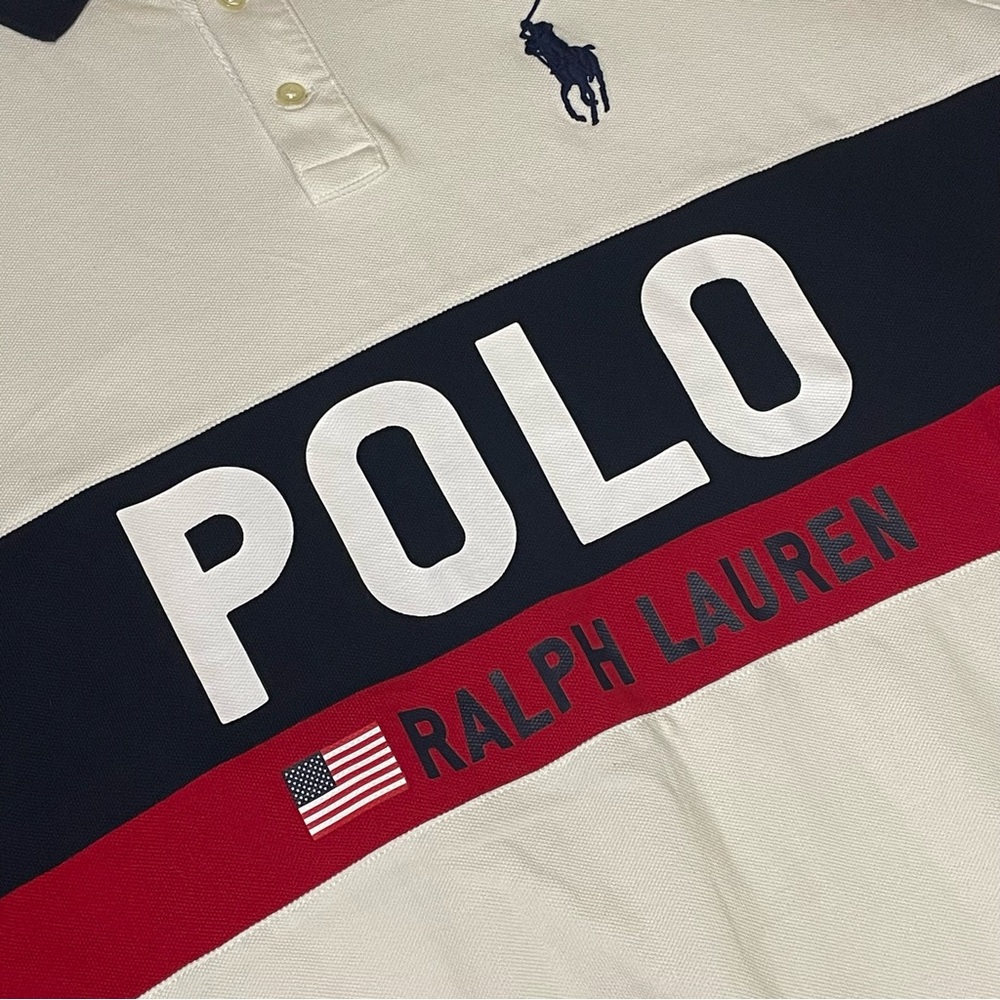 Polo Ralph Lauren Mens Size Large Mesh Polo Shirt US Flag Big Pony Logo Gray - Picture 6 of 9